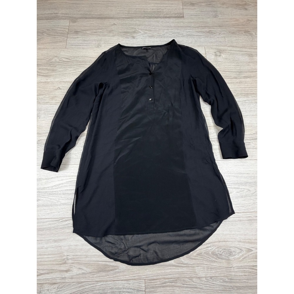 Eileen Fisher Black 100% Silk Sheer Panel Tunic Top Small S4GT-3 High Low Hem